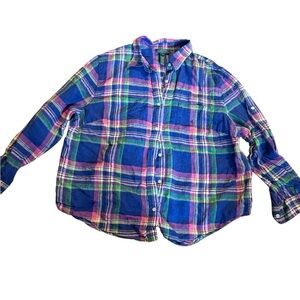 Lauren Ralph Lauren Plaid Linen Button Down Shirt 2X Colorful Preppy Lightweight